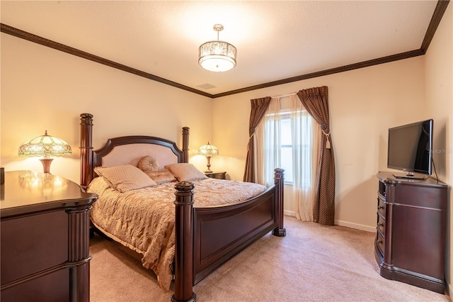 bedroom featuring light colored carpet and crown molding