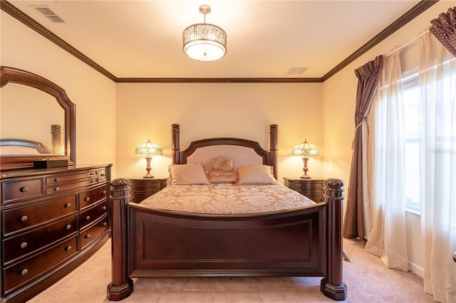 carpeted bedroom with multiple windows and ornamental molding