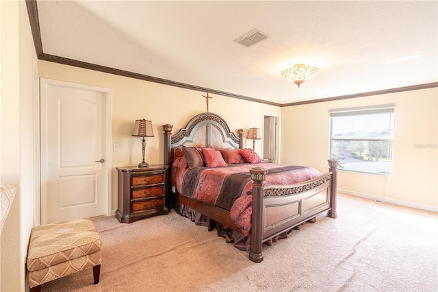 bedroom with light colored carpet and crown molding