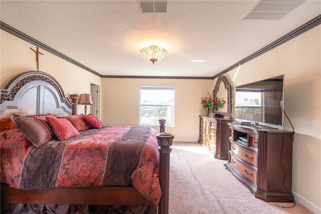 carpeted bedroom featuring a textured ceiling and ornamental molding