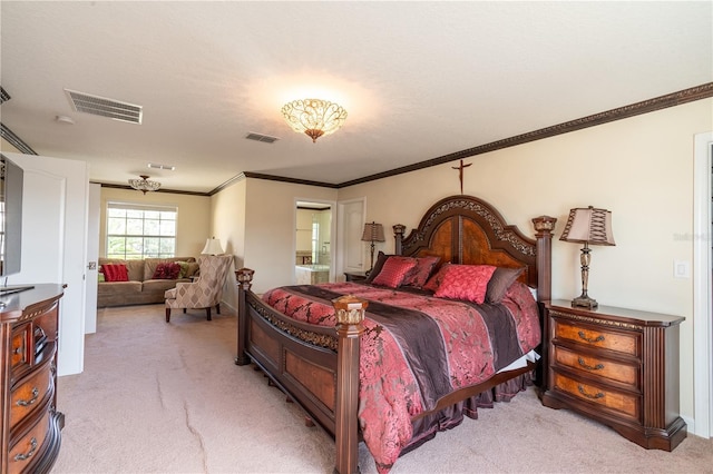 bedroom with light colored carpet and crown molding