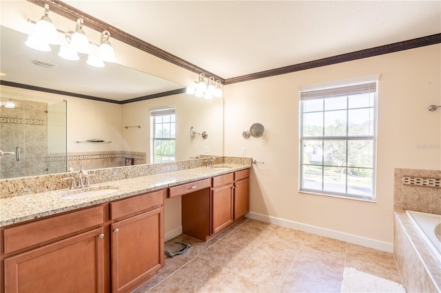 bathroom with plenty of natural light, vanity, shower with separate bathtub, and ornamental molding