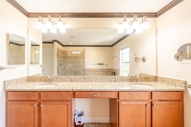 bathroom featuring vanity, ornamental molding, and walk in shower