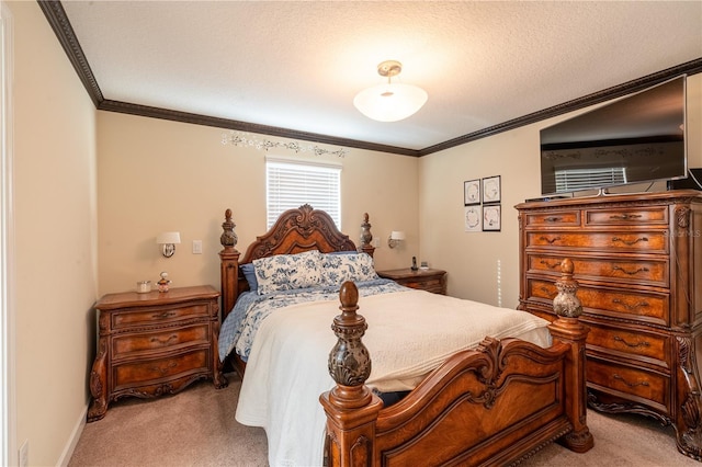 carpeted bedroom featuring a textured ceiling and crown molding