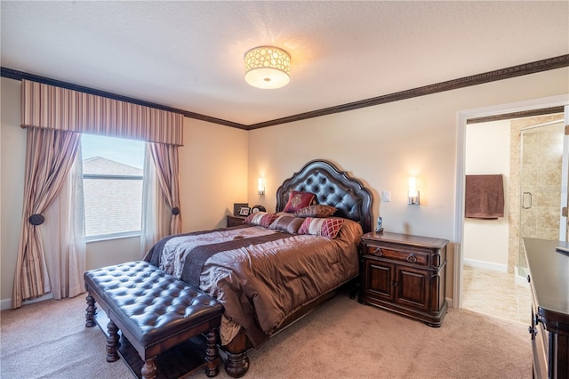 carpeted bedroom with ornamental molding