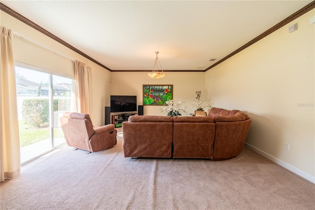 living room with carpet floors and crown molding