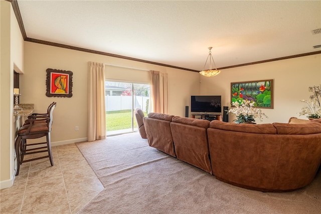 living room with crown molding and light tile patterned floors