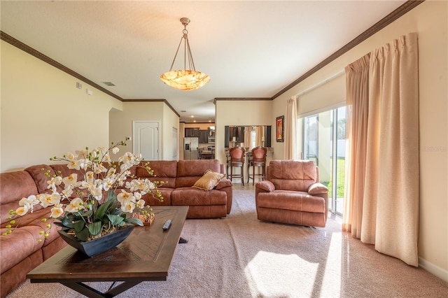 carpeted living room featuring ornamental molding