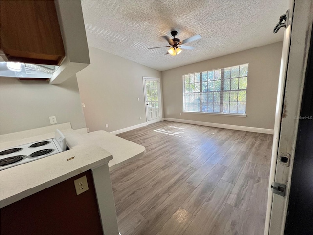 kitchen with ceiling fan, cooktop, a textured ceiling, and light hardwood / wood-style flooring