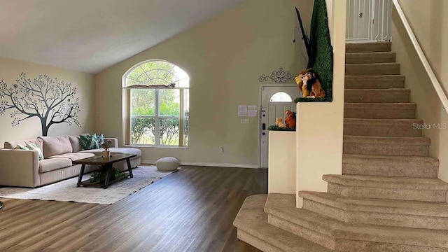 living room featuring lofted ceiling and dark wood-type flooring