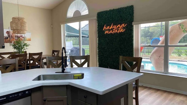 kitchen featuring dishwasher, light hardwood / wood-style floors, sink, and decorative light fixtures