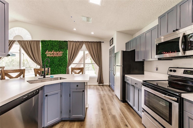 kitchen with lofted ceiling, light countertops, appliances with stainless steel finishes, and a sink