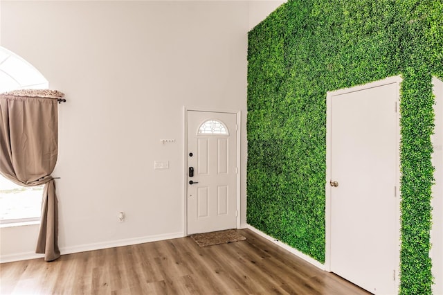 entryway with baseboards and wood finished floors