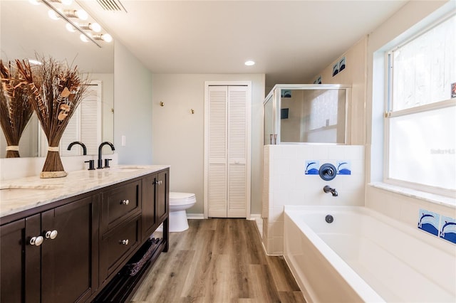 full bath with a garden tub, a sink, a closet, double vanity, and a stall shower