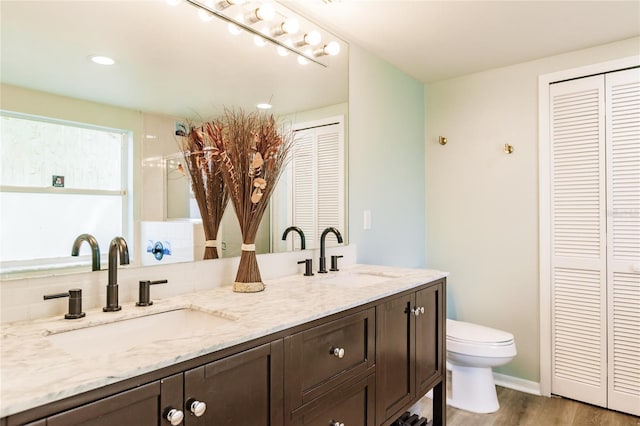 bathroom featuring a sink, toilet, and a closet
