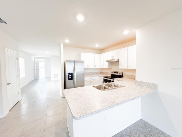 kitchen featuring white cabinetry, sink, kitchen peninsula, light tile patterned floors, and appliances with stainless steel finishes