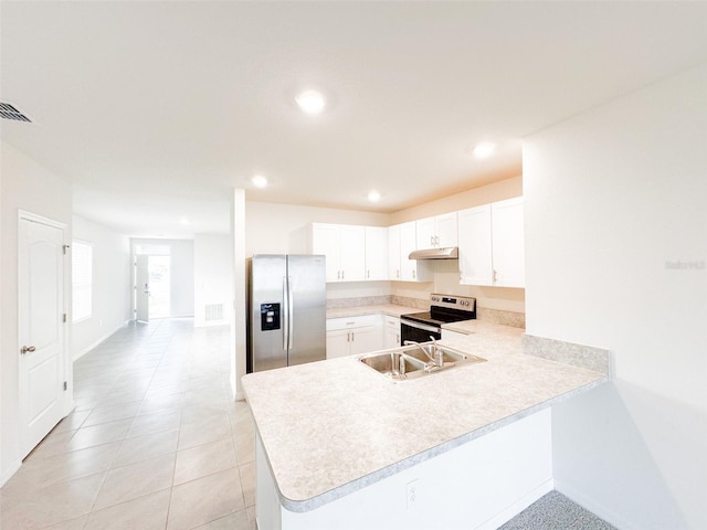 kitchen with kitchen peninsula, white cabinets, light tile patterned floors, and appliances with stainless steel finishes