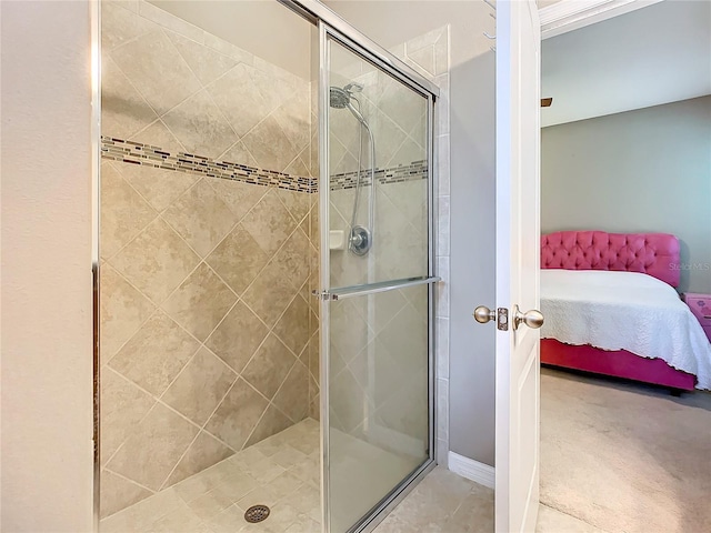 bathroom with a shower with shower door