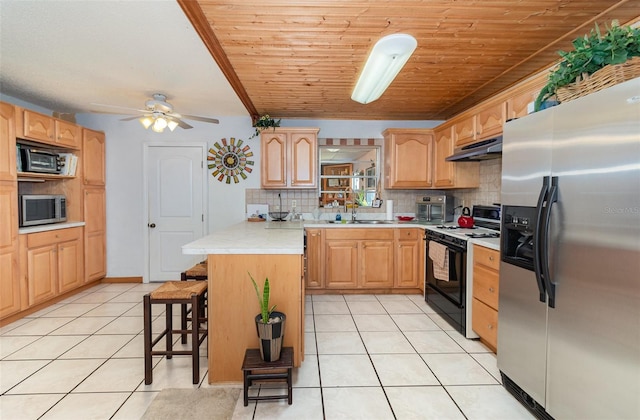 kitchen with tasteful backsplash, wood ceiling, stainless steel appliances, sink, and a breakfast bar area