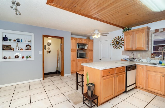 kitchen featuring kitchen peninsula, ceiling fan, dishwasher, and wood ceiling