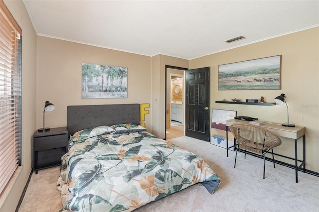 bedroom featuring light carpet and crown molding