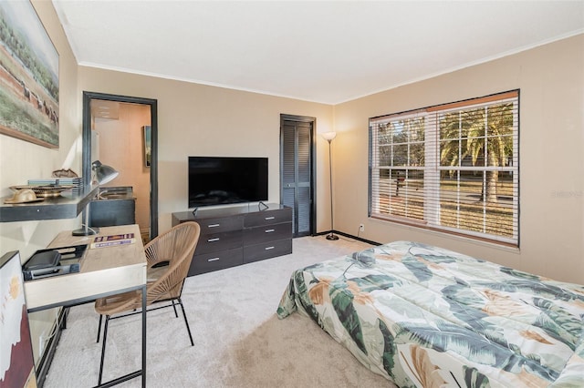 carpeted bedroom with crown molding