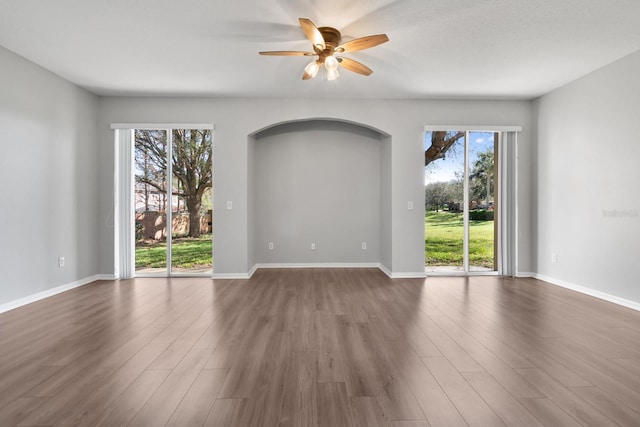 spare room featuring baseboards, a healthy amount of sunlight, and dark wood-style floors