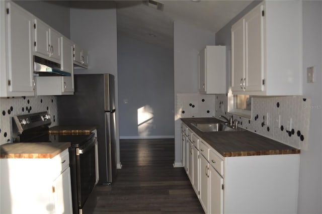 kitchen featuring white cabinetry, black electric range oven, decorative backsplash, and sink