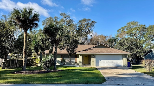 ranch-style house featuring a front lawn and a garage