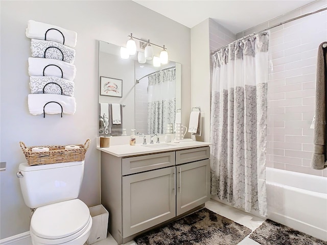 full bathroom featuring toilet, shower / bathtub combination with curtain, and vanity