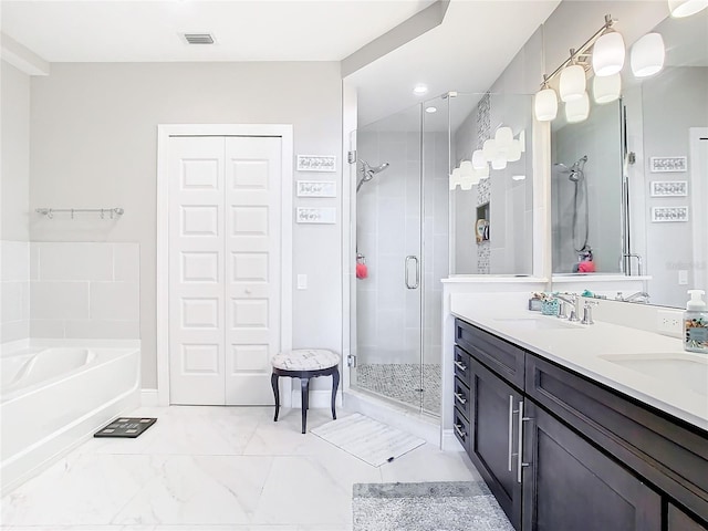 bathroom with vanity and plus walk in shower