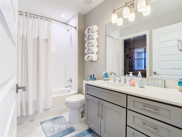 full bathroom with toilet, vanity, tile patterned flooring, and shower / bathtub combination with curtain