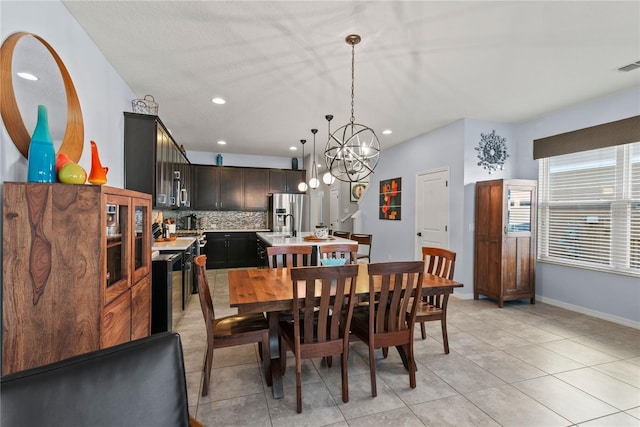 dining room featuring light tile patterned floors, a chandelier, recessed lighting, visible vents, and baseboards