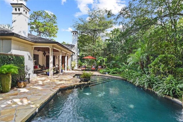 view of pool with ceiling fan and a patio area