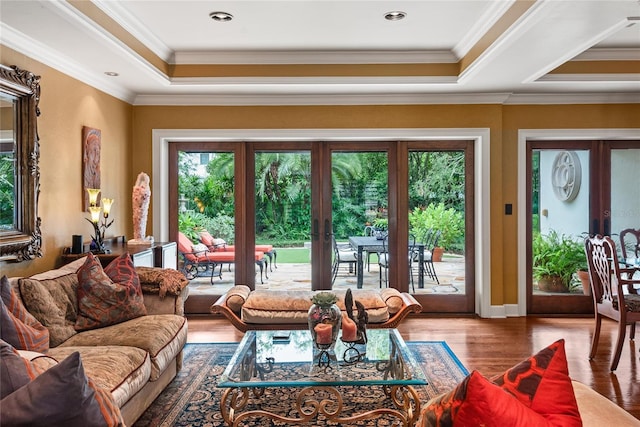 living room with french doors, a tray ceiling, and crown molding