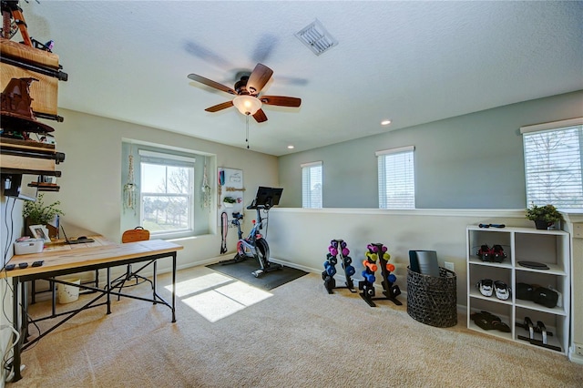 workout area with a textured ceiling, ceiling fan, light carpet, and a wealth of natural light