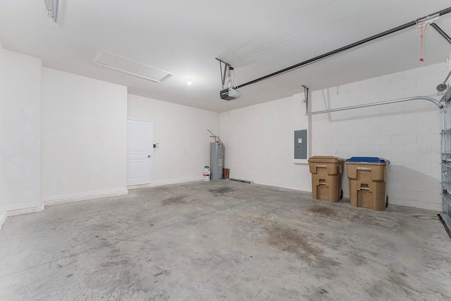 garage with electric panel, water heater, and a garage door opener