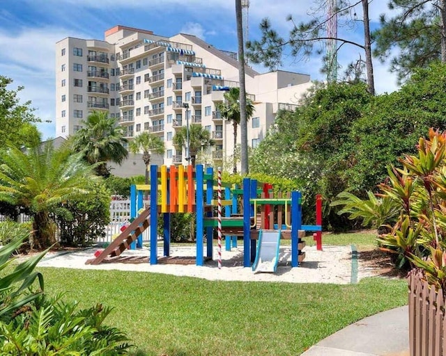 view of jungle gym with a yard