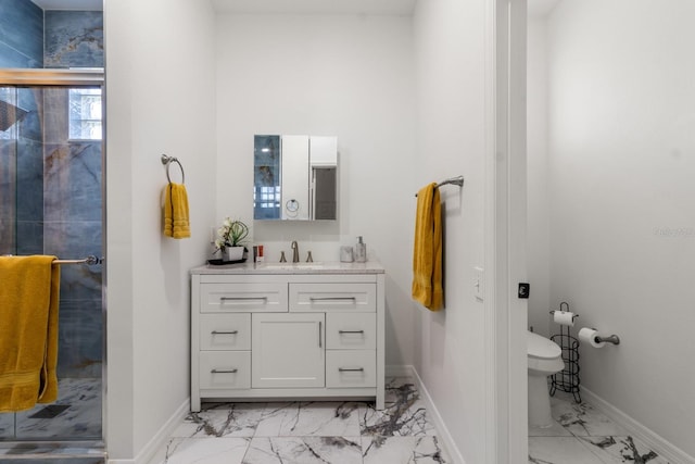 bathroom with walk in shower, vanity, and toilet