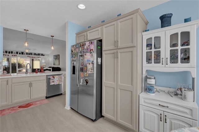 kitchen with pendant lighting, sink, light hardwood / wood-style floors, and appliances with stainless steel finishes