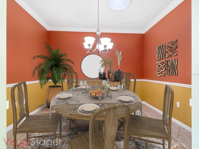 tiled dining room with an inviting chandelier and crown molding