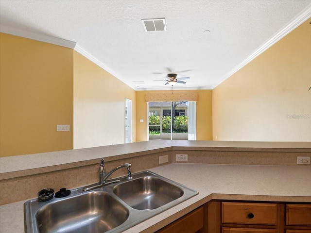 kitchen featuring a textured ceiling, ceiling fan, ornamental molding, and sink