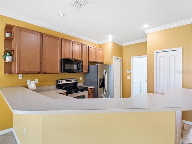 kitchen featuring kitchen peninsula, light tile patterned floors, stainless steel appliances, and ornamental molding