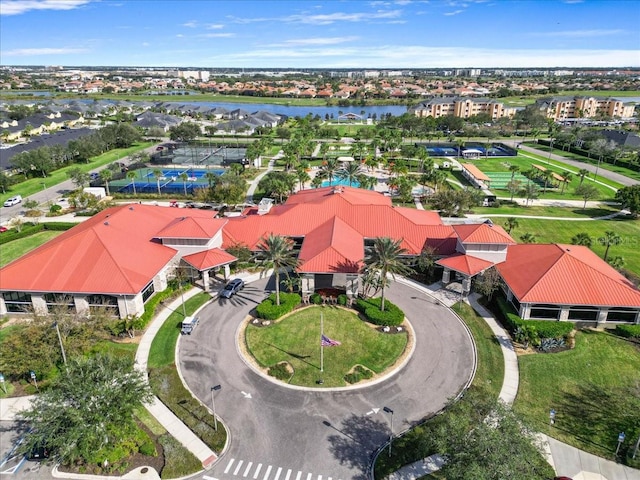 drone / aerial view featuring a water view