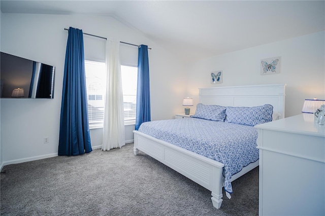 bedroom featuring carpet and vaulted ceiling