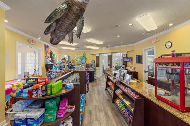 miscellaneous room featuring a textured ceiling, light hardwood / wood-style flooring, plenty of natural light, and ornamental molding