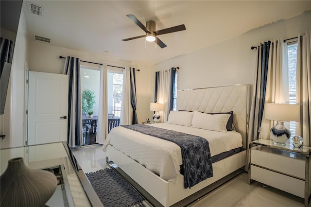 bedroom with ceiling fan, light tile patterned flooring, and access to outside