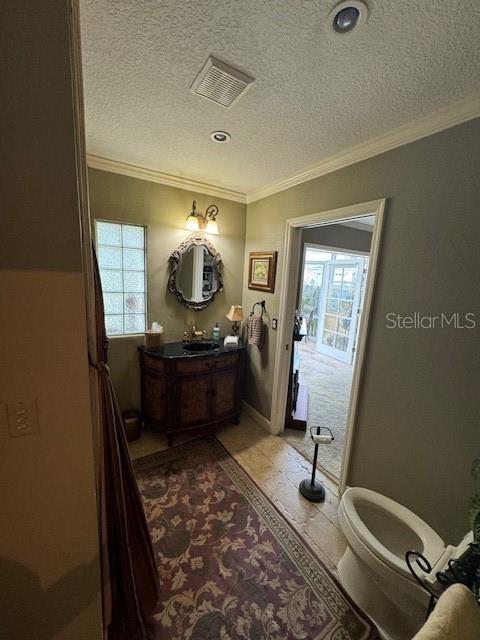 bathroom featuring ornamental molding, vanity, a textured ceiling, and a healthy amount of sunlight