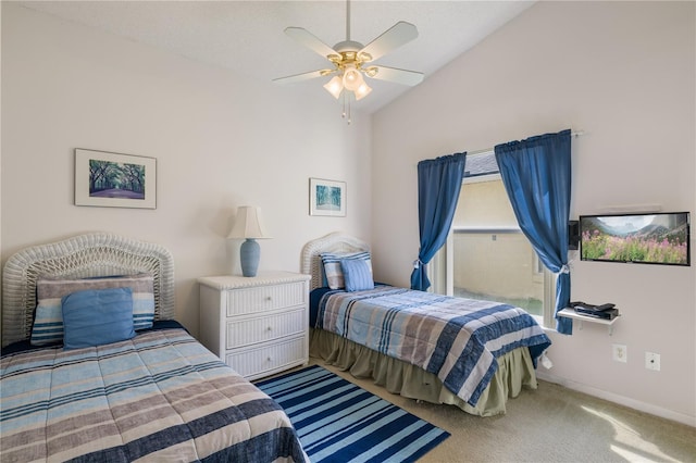 bedroom featuring light colored carpet, ceiling fan, and lofted ceiling