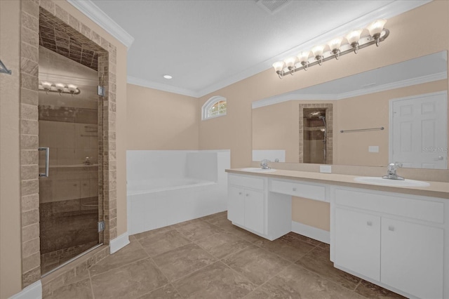 bathroom featuring vanity, ornamental molding, and walk in shower